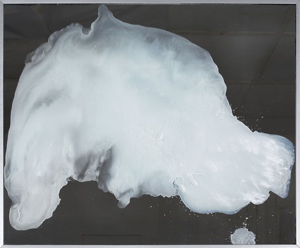 Maw, 2011 poured and blown correction fluid and varnish on mirror with aluminium frame 81 x 98cm